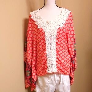 Poema Coral and White Lace Boho Top